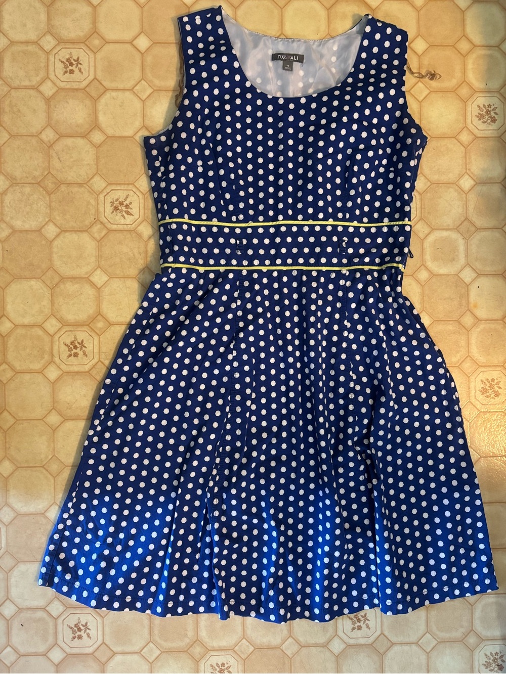 City Threads Navy Blue Polka Dot Dress with Yellow Piping